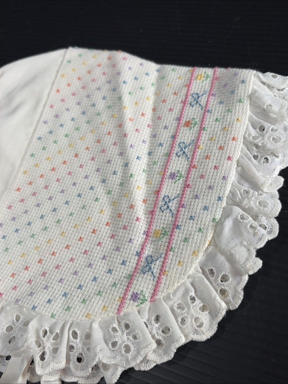 Vtg Handmade Baby Cross Stitch Bonnet Christening Baptism Girl Pastel